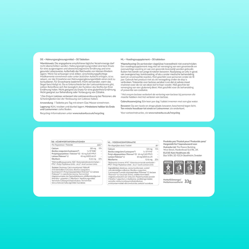 Two white rectangular product information panels with German text, shown on a light aqua background. The top panel contains product description text, and the bottom panel contains nutrition facts, ingredients, and allergen information.