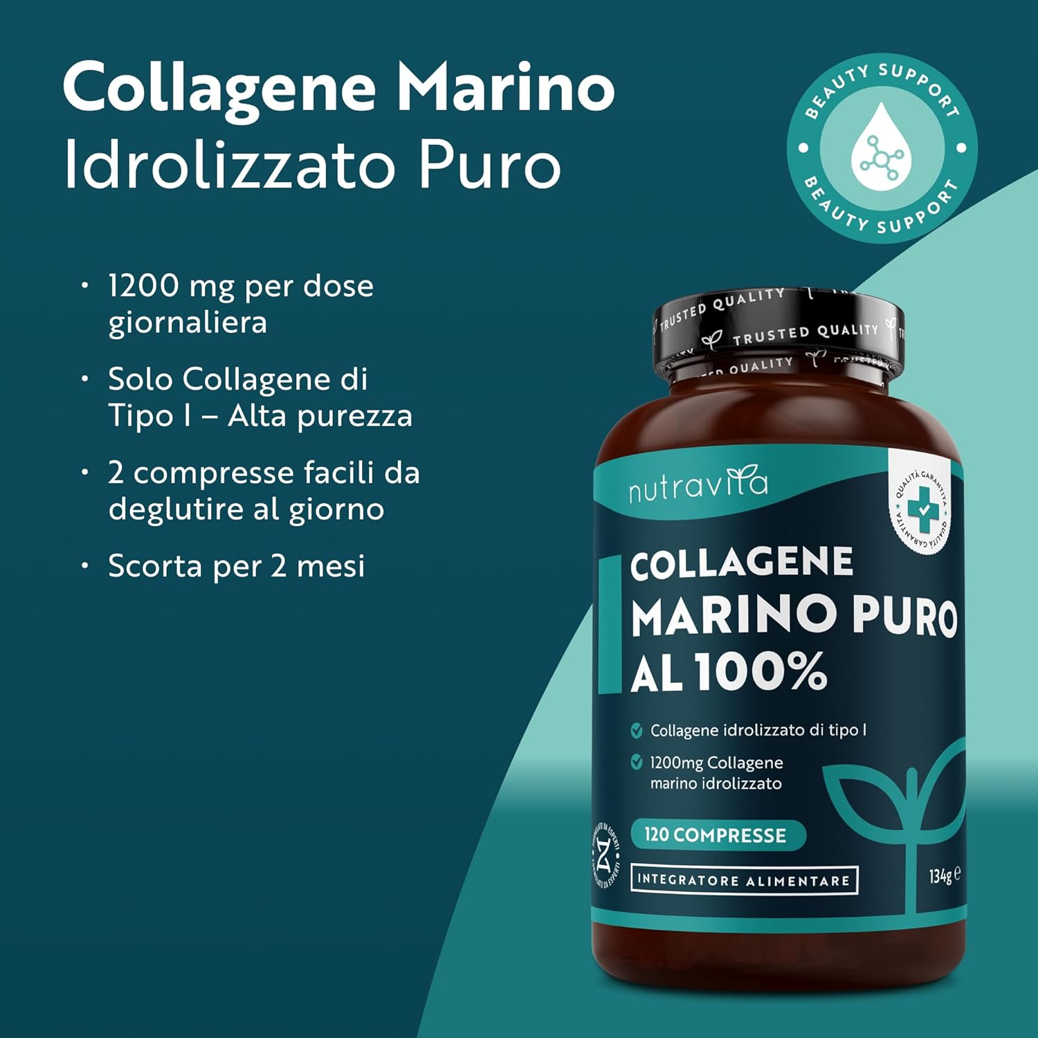 Collagene Marino Idrolizzato 1200mg de Tipo 1, 120 Compresse para 2 Meses, Peptidi di Collagene Integratore