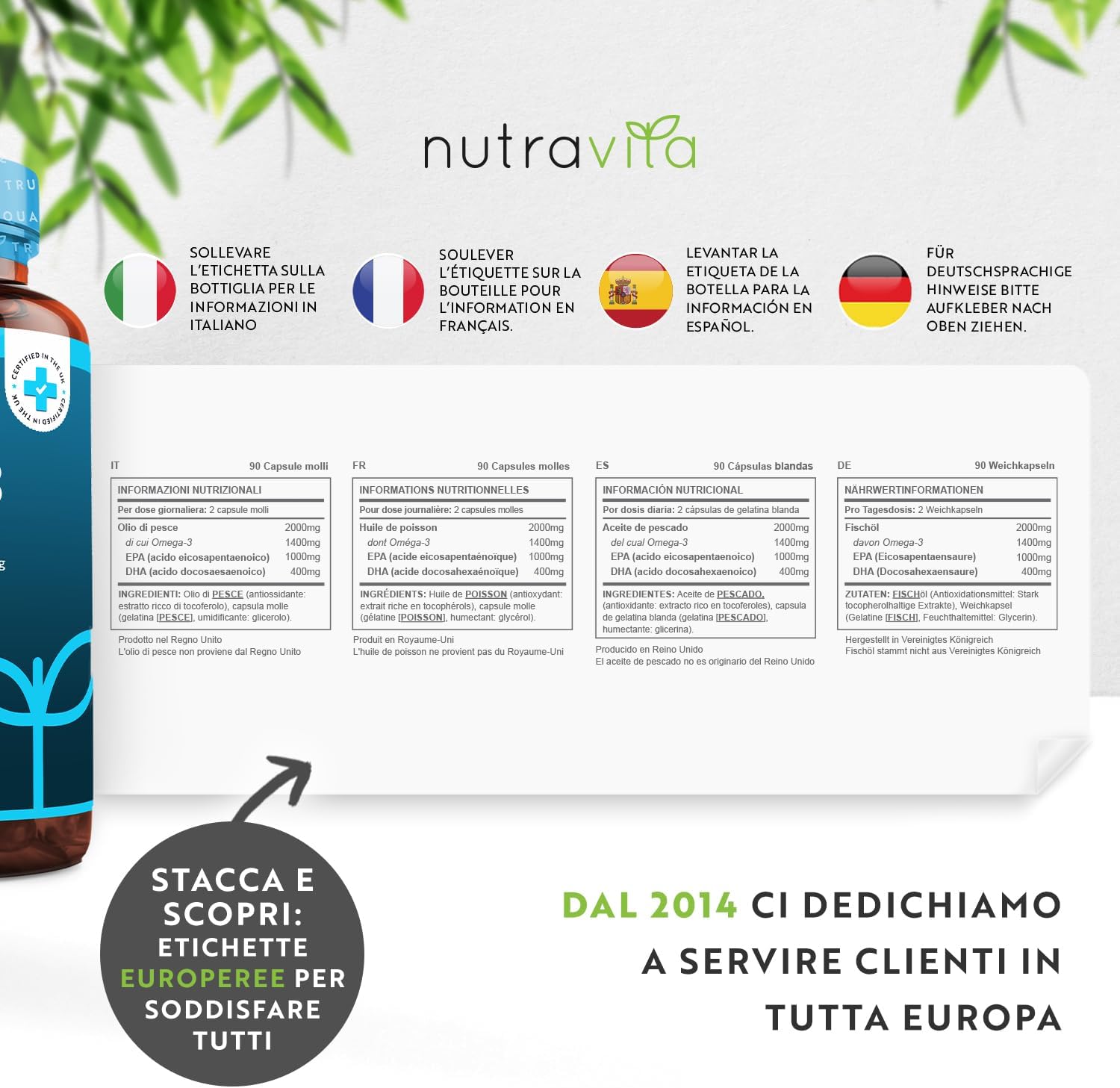 Omega 3 ad alta resistenza - 2000 mg di supplemento di olio di pesce - 1000 mg di EPA e 400 mg di DHA per porzione