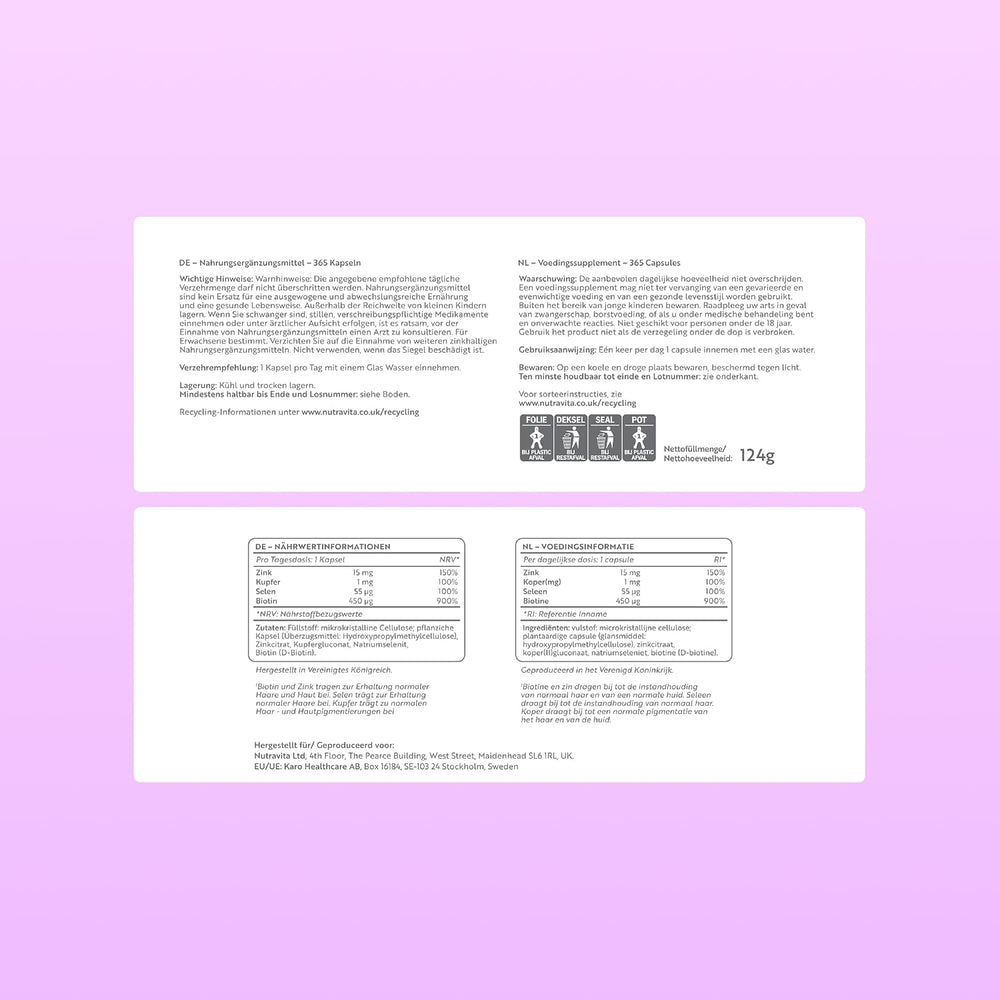 Biotin 450ug with Zinc, Selenium & Copper - 365 Vegan Capsules