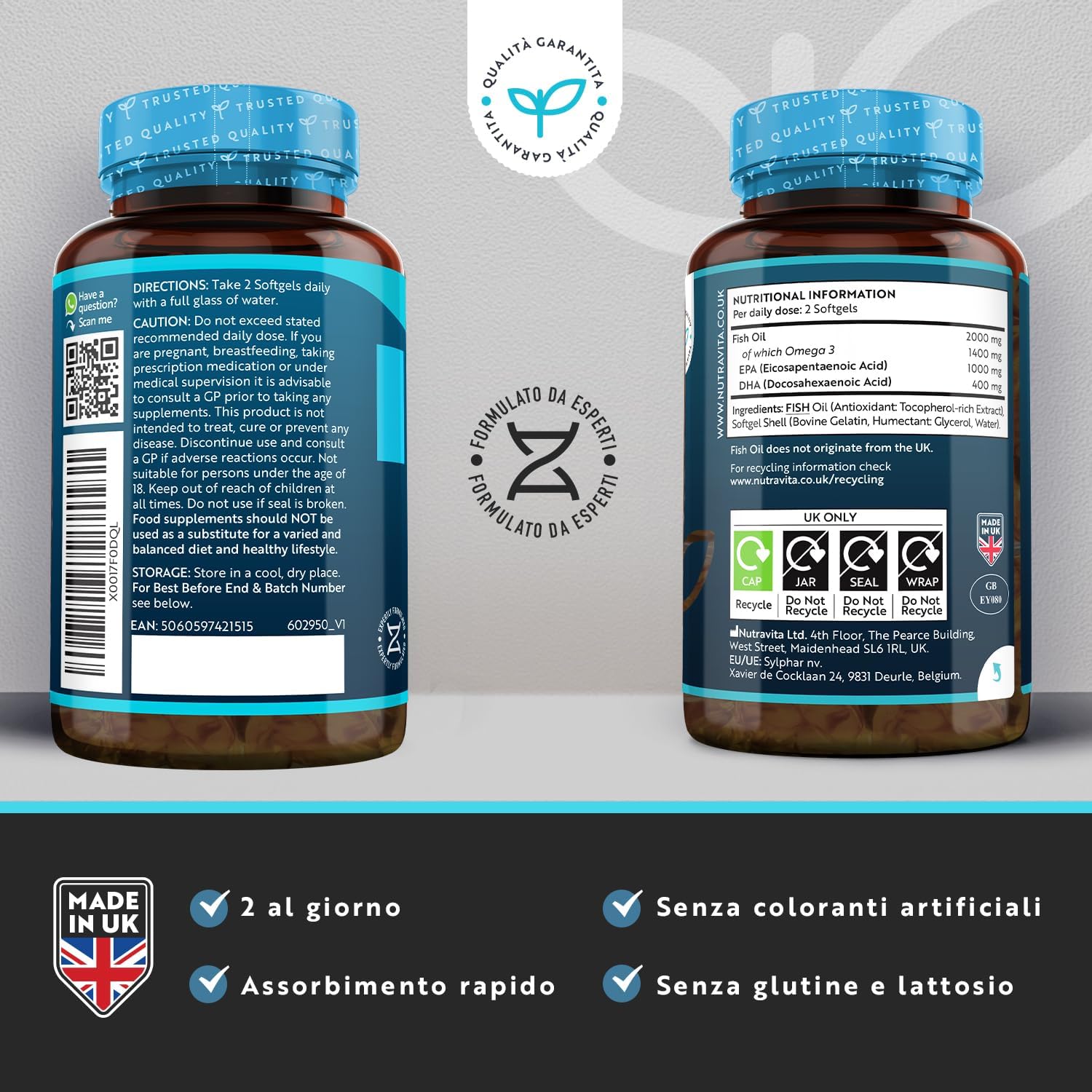 Omega 3 ad alta resistenza - 2000 mg di supplemento di olio di pesce - 1000 mg di EPA e 400 mg di DHA per porzione
