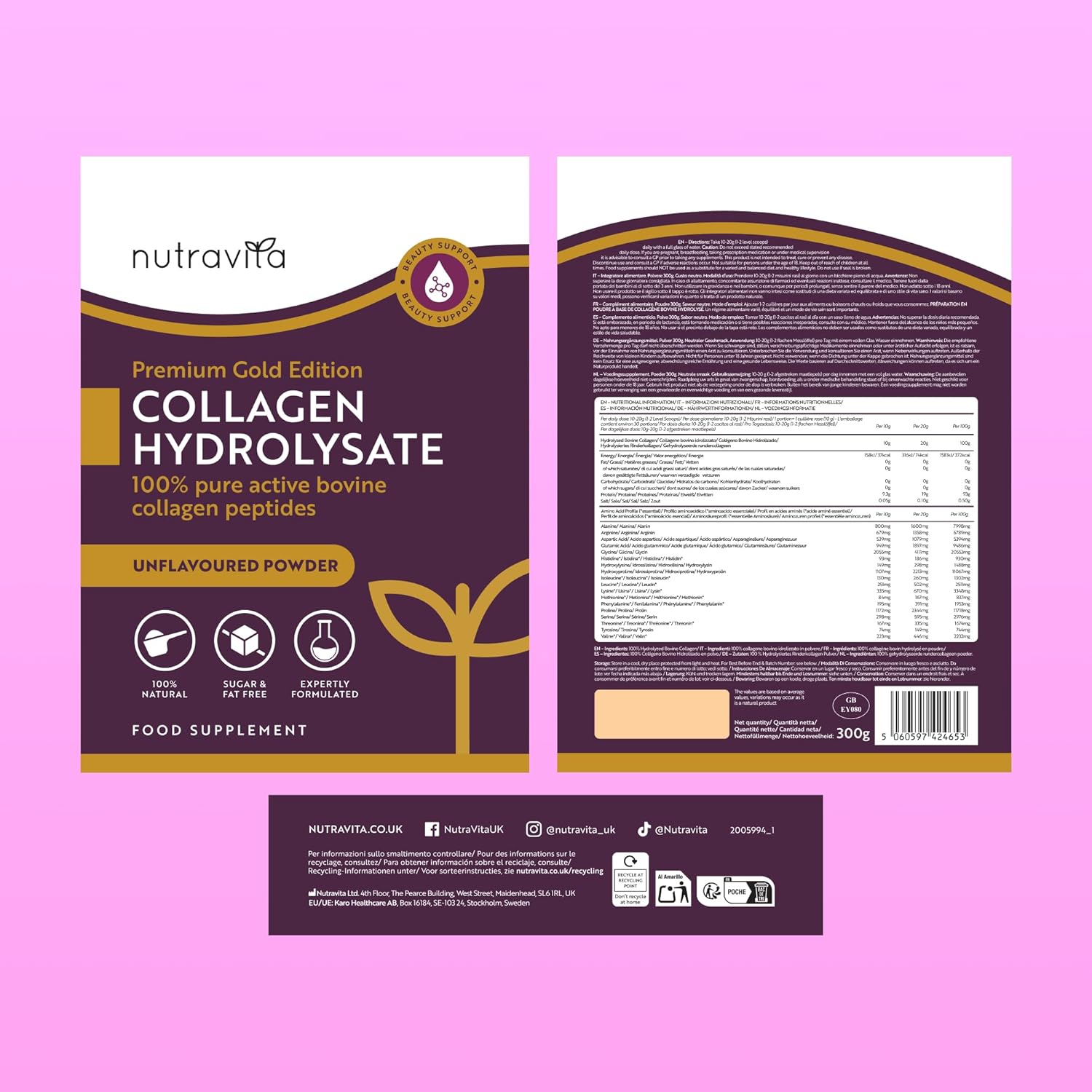 Collagene in Polvere 300g - Peptidi di Collagene Idrolizzato Tipo 1-30 Porzioni