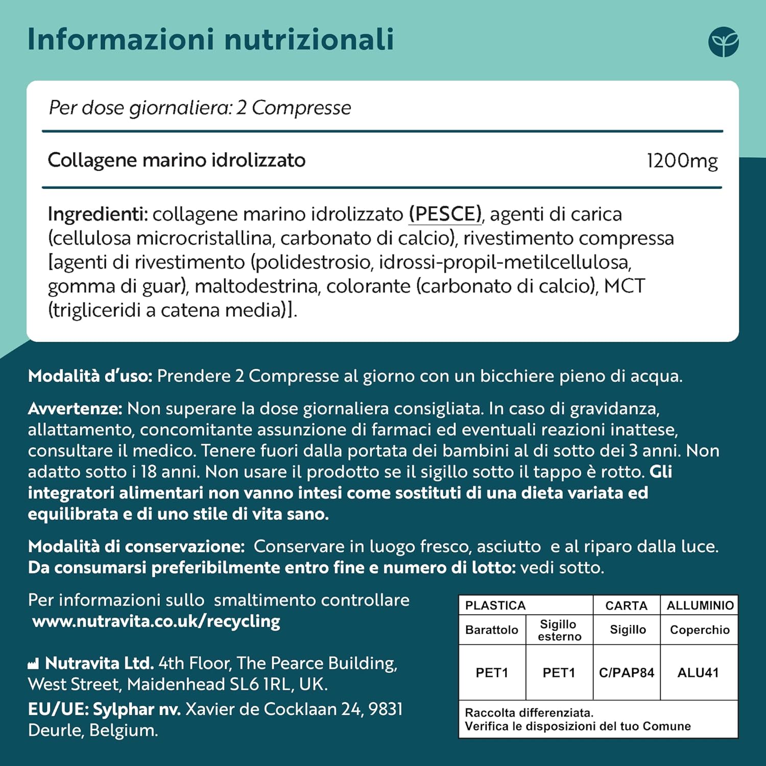 Collagene Marino Idrolizzato 1200mg de Tipo 1, 120 Compresse para 2 Meses, Peptidi di Collagene Integratore
