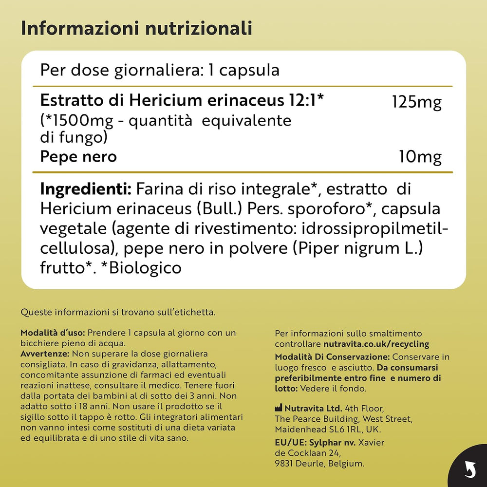 Fungo di criniera di leone biologico 1500 mg 120 capsule