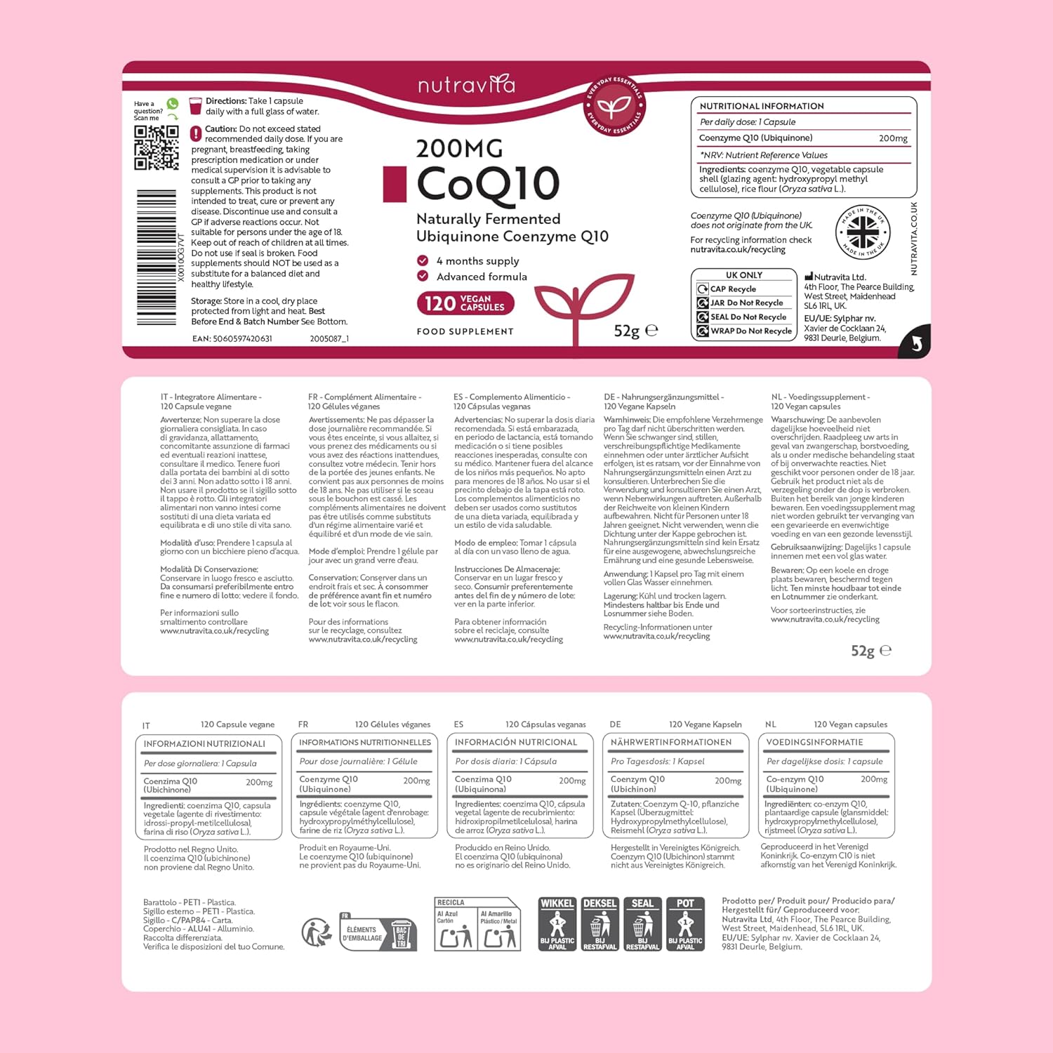 Coenzima Q10 200 mg - Ubichinone Puro al 100% - 120 Capsule Vegane