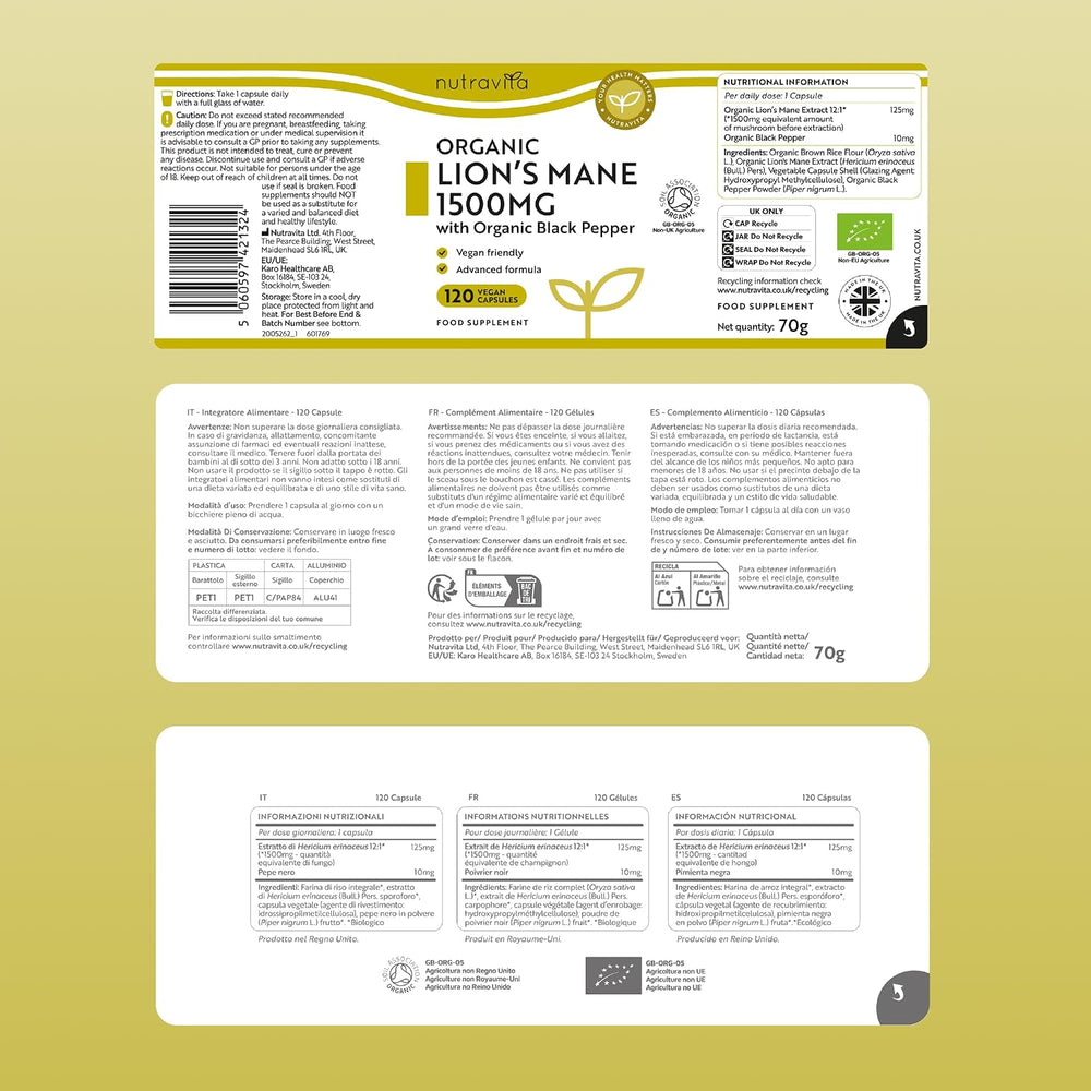Fungo di criniera di leone biologico 1500 mg 120 capsule