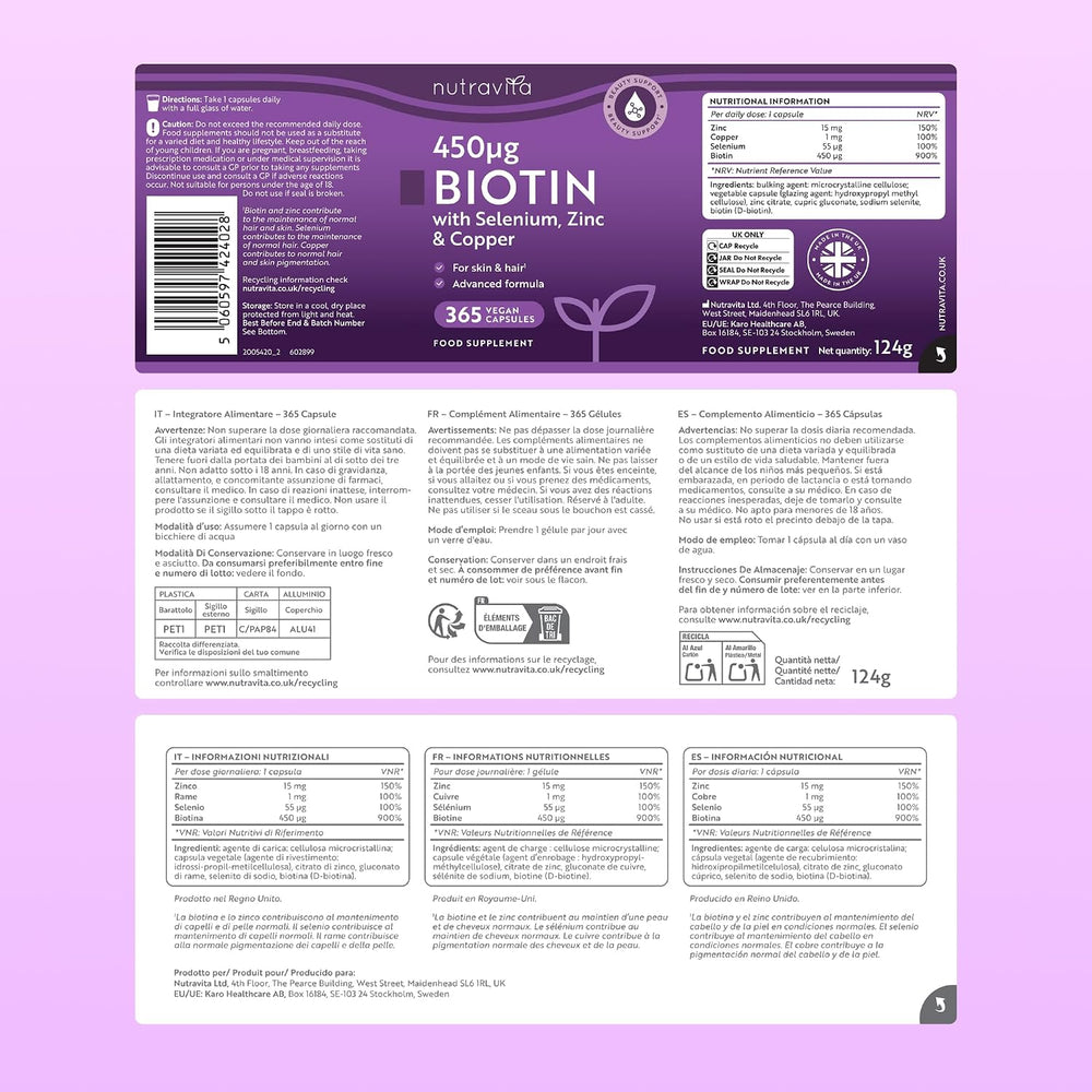 Biotin 450ug with Zinc, Selenium & Copper - 365 Vegan Capsules