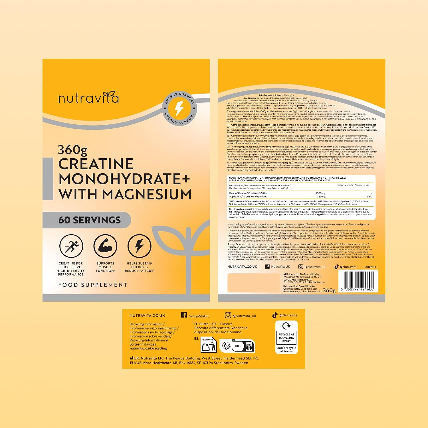 Creatina Monoidrato Con Magnesio 360 g – 60 Porzioni