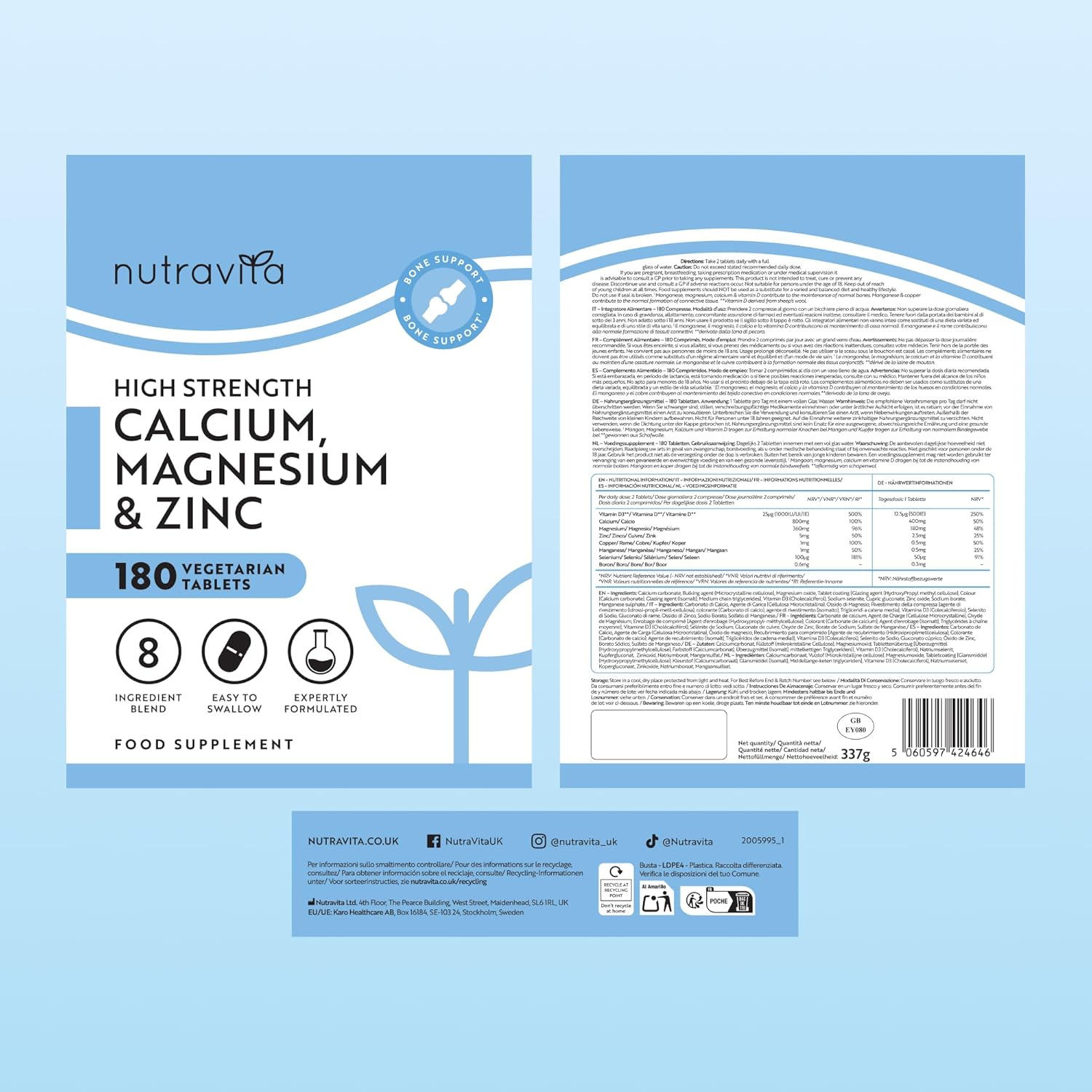 Calcio Magnesio Zinco e Vitamina D3-180 Compresse Vegetariane