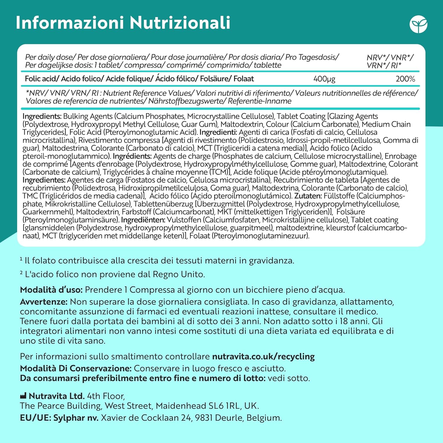Acido Folico 400 mcg - 400 Compresse Vegane