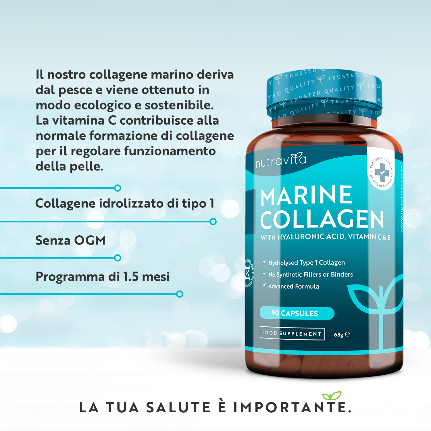 Collagene Marino Idrolizzato 1000mg con Acido Ialuronico 90 Capsule