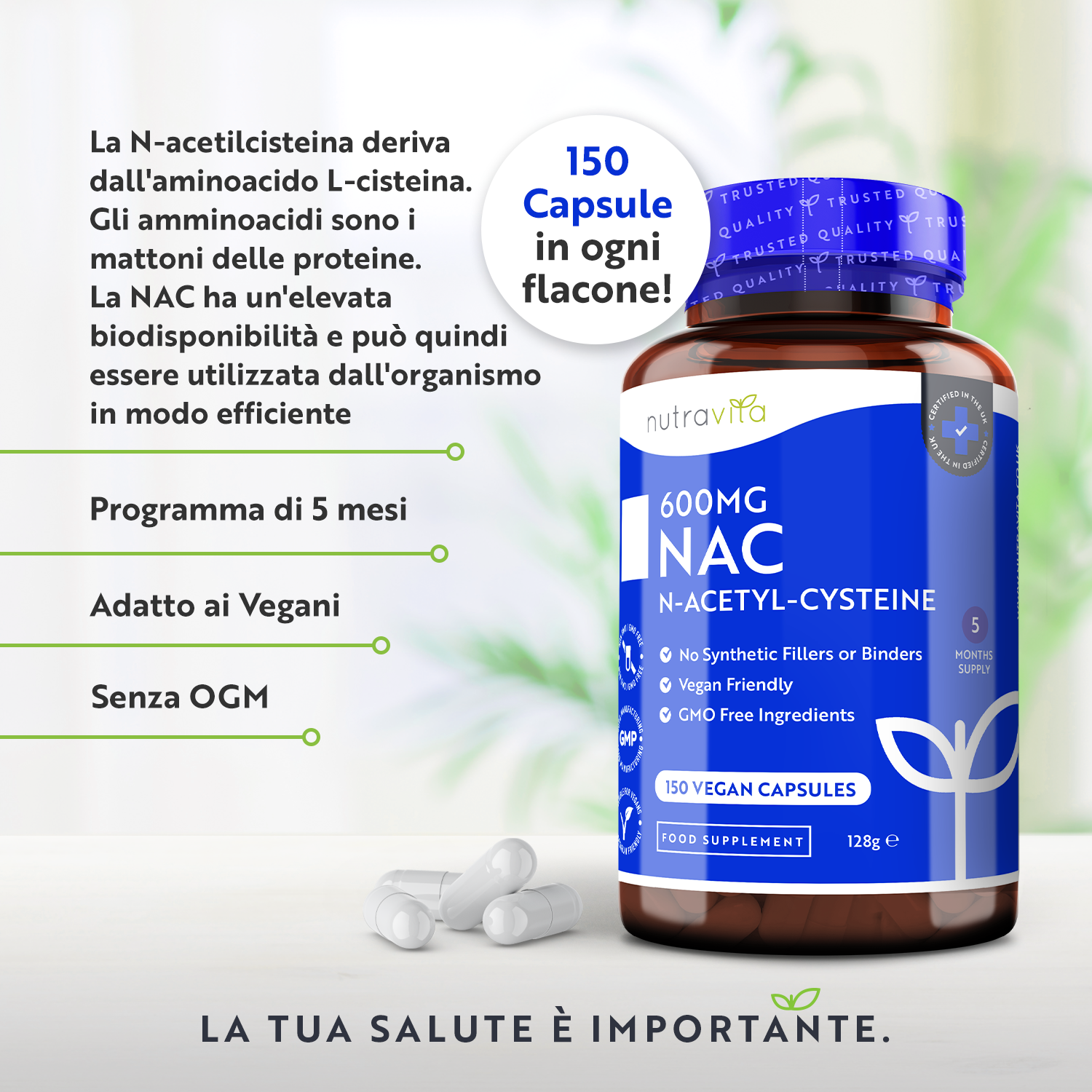NAC N-Acetil-Cisteina 600mg 150 Capsule Vegane