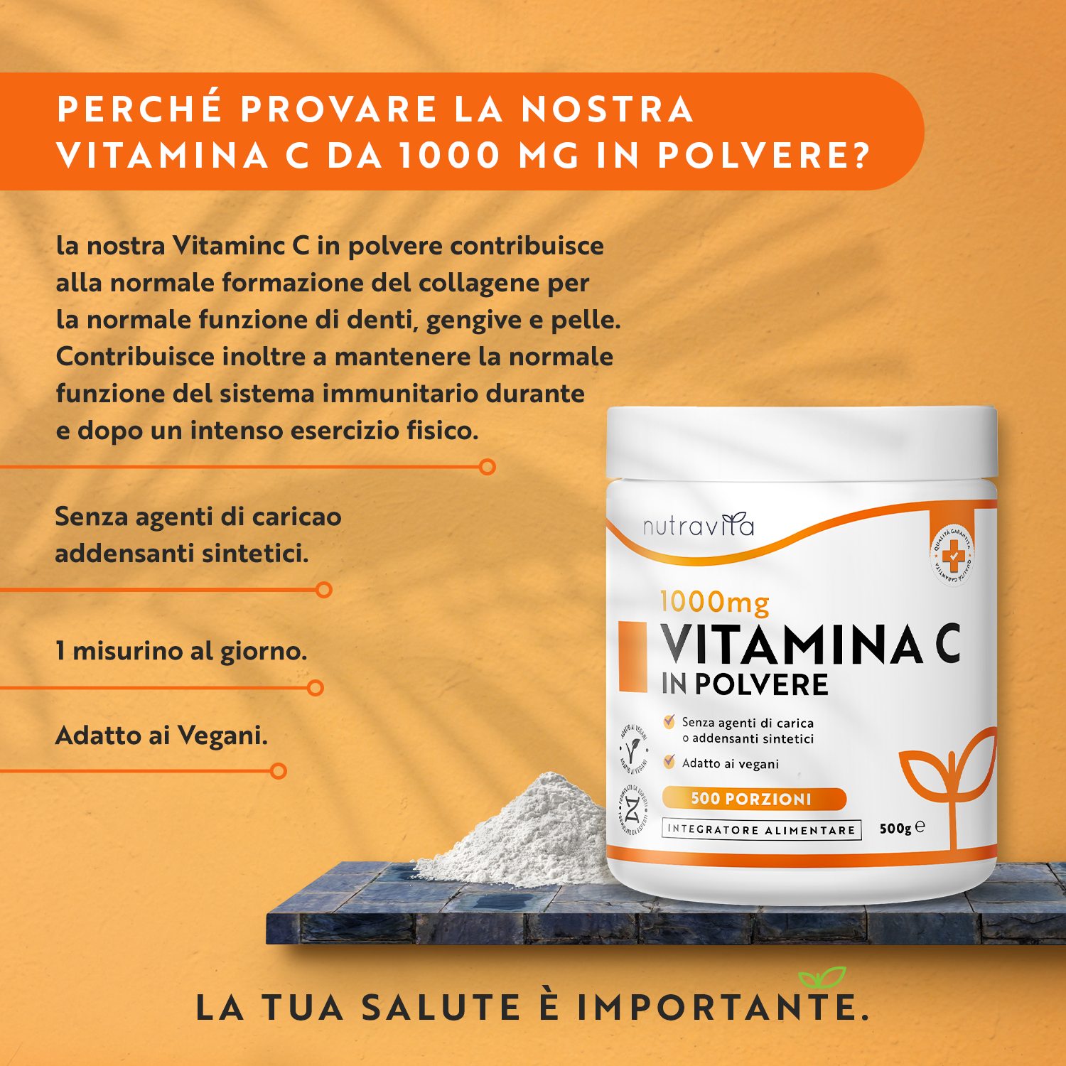 Vitamina C in Polvere 500 g - 1000 mg di Vitamina C Per Porzione