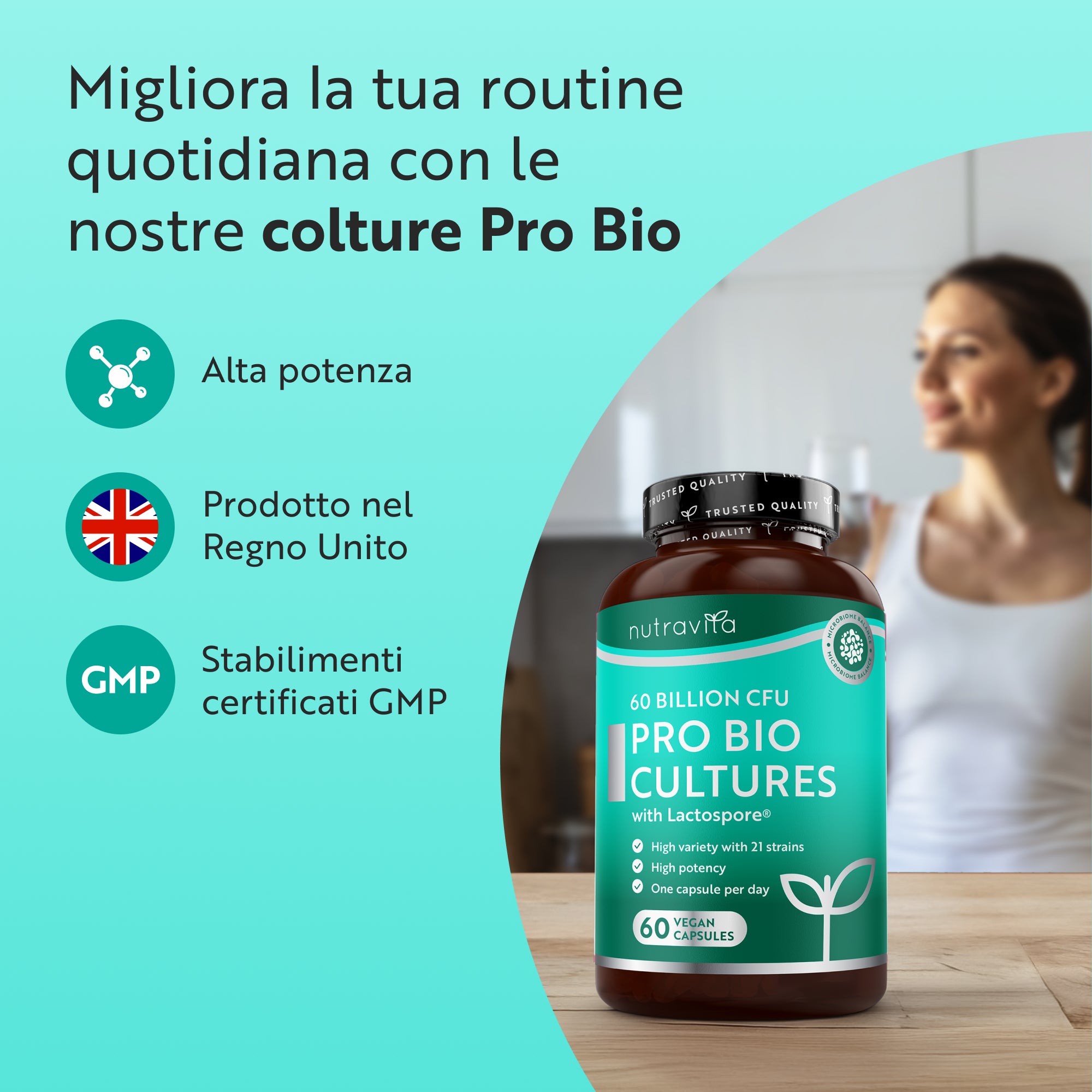 Complesso probiotico - 60 miliardi di CFU - 60 capsule vegane a rilascio ritardato
