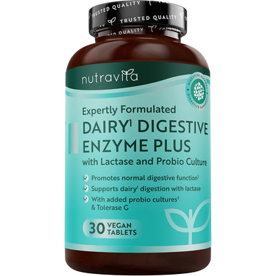 A bottle of Nutravita Dairy Digestive Enzyme Plus dietary supplement, featuring a dark amber brown bottle with a teal and white label and a black cap, on a plain white background.